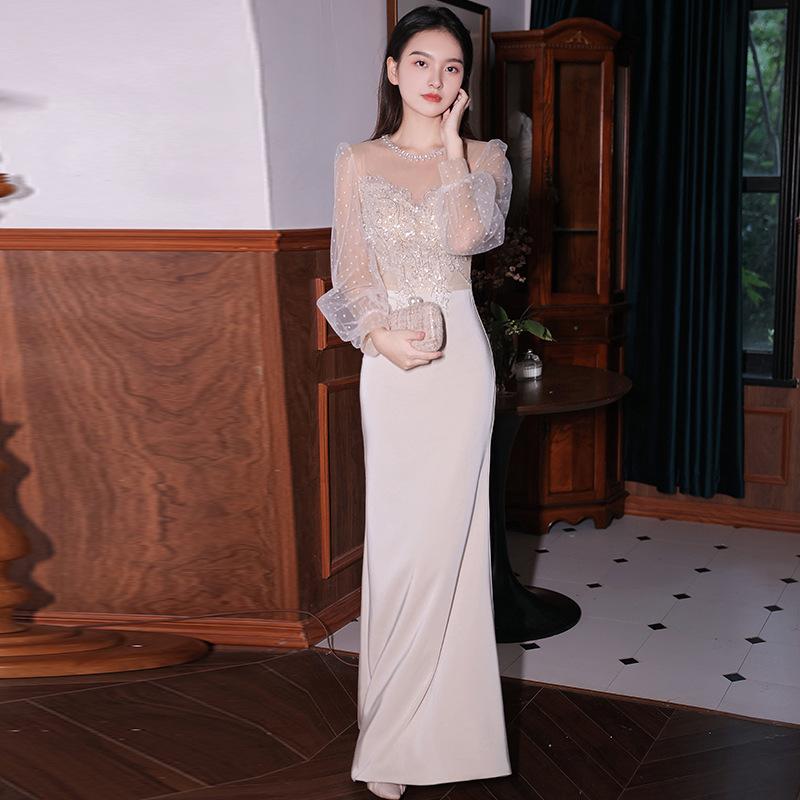Evening Dress Women's Banquet   New Heavy Handmade Host Waist Fishtail Long Champagne Dress Dress