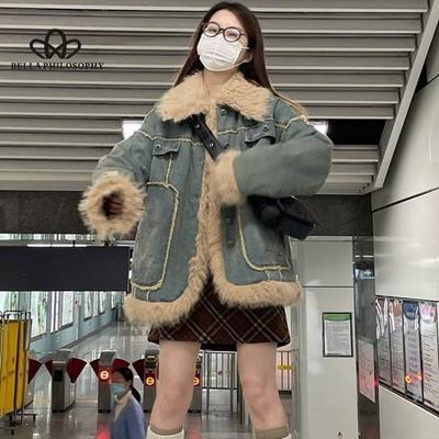 Blue Denim Fur Collar Jacket Women's Autumn and Winter Vintage Cotton Thickened All-match Loose Long-sleeved Jacket