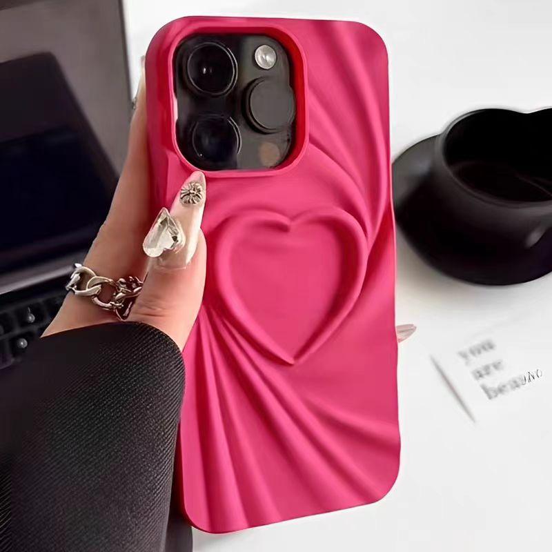 Husă pentru telefon Fashion Fold Wrinkle 3D Love Heart pentru iPhone 13 14 15 Pro Max Plus 11 12 ProMax Soft Mat Silicon Full Cover