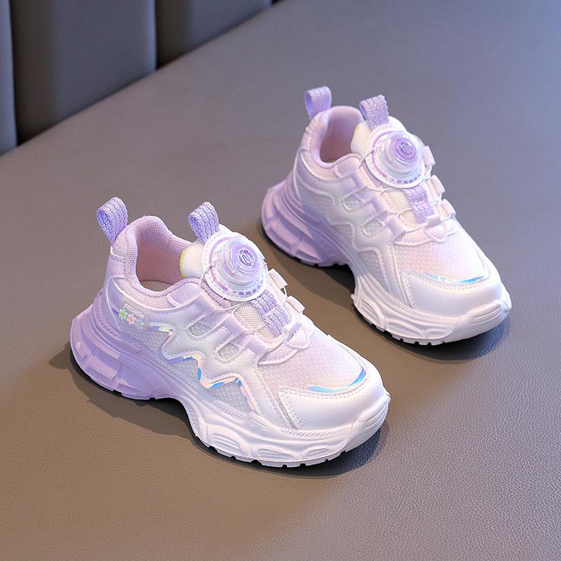 Girls' sneakers 2025 spring new breathable running children's shoes spin button girl princess dad mesh shoes