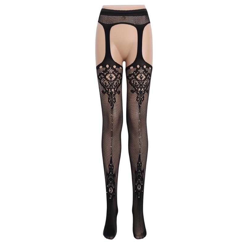 Womens Flower Jacquard Fishnet Suspender Tights Sparkly Rhinestones Mesh Thigh High Stockings Garters Pantyhose Lingerie
