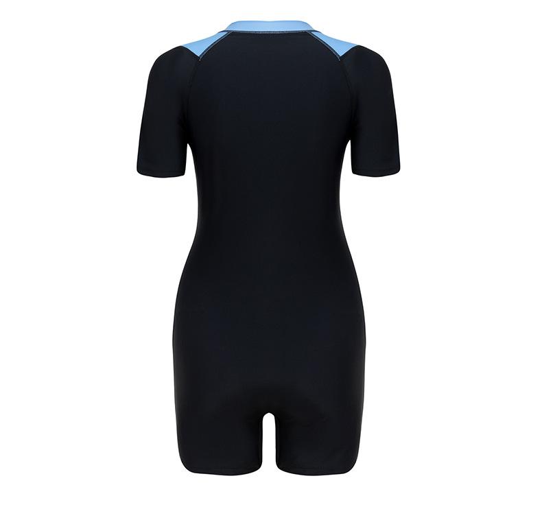 2026 Women's Short Sleeve Color Block Zipper Surfing Swimsuit - European & American Slimming Wetsuit