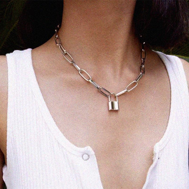 Stainless steel chain necklace with titanium steel lock pendant - hip hop punk style accessory