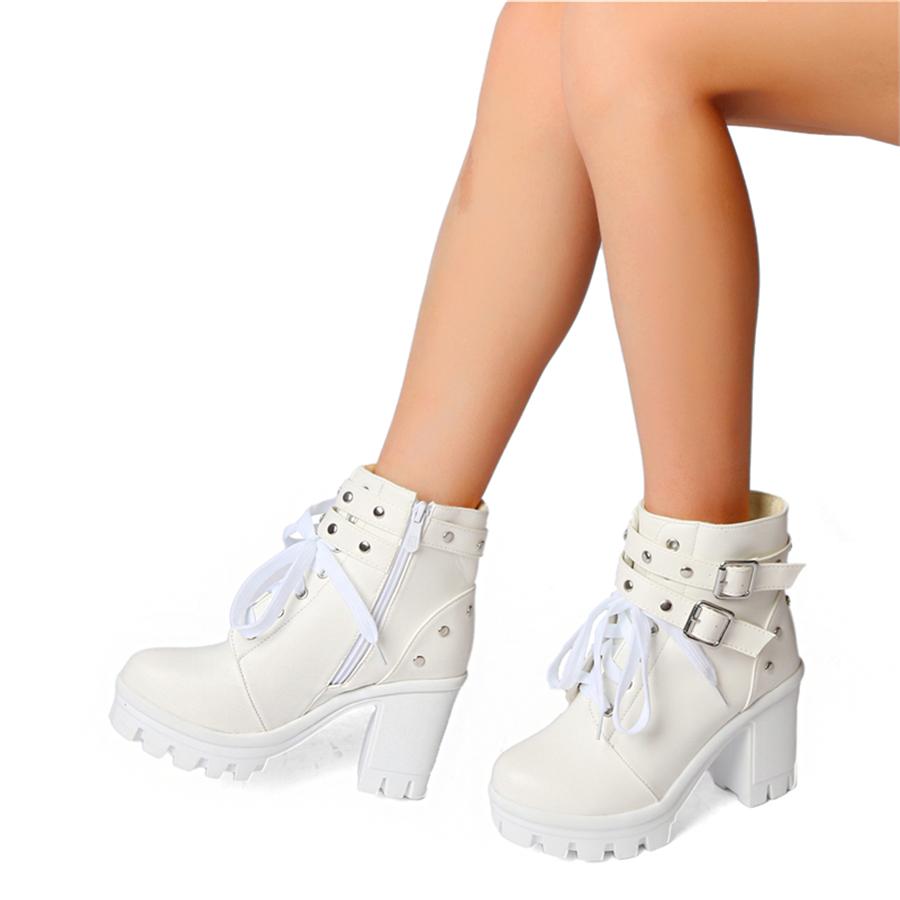 FOREADA Damen Stiefeletten Runde Zehenpartie Dicke Hohe Absätze Plateau Reißverschluss Schnürung Schnalle Kurze Stiefel Damen Mode Schuhe Herbst Winter