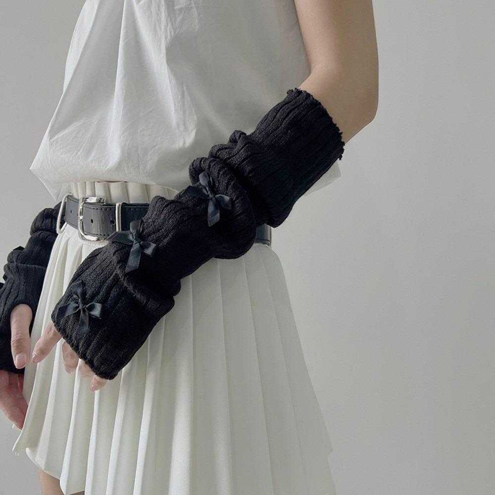 Slouchy Y2K Fingerless Gloves Long Wrist Cuffs Sweet Bow Knitted Arm Warmers Girls
