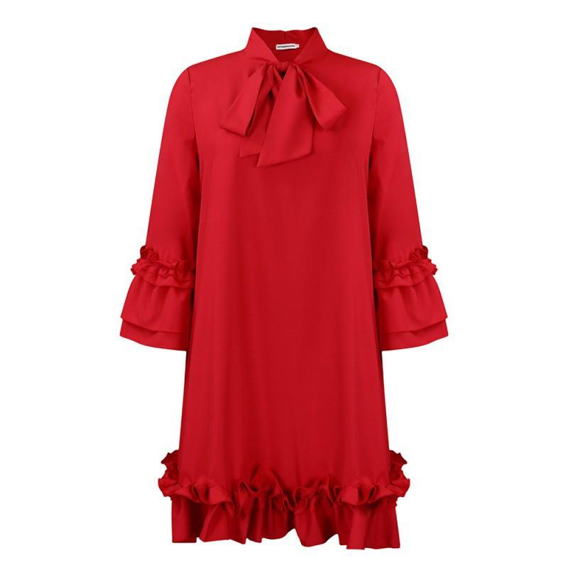

European American Large Size Women s Clothing New Style Pure Color Temperament Piled Sleeves Lace Ruffled Dress S красный