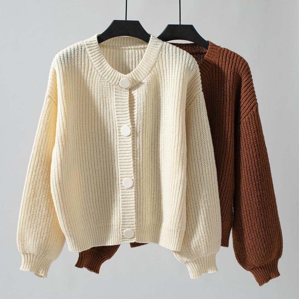 Autumn Winter Vintage Loose Long Sleeve Top Solid Color Cardigan Knitwear V-Neck Sweater