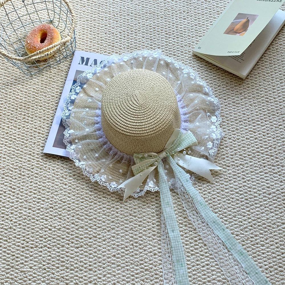 Flower Straw Hat Big Bowknot Wide Brim Hat Lolita Sun Protection Hat  Seaside Vacation