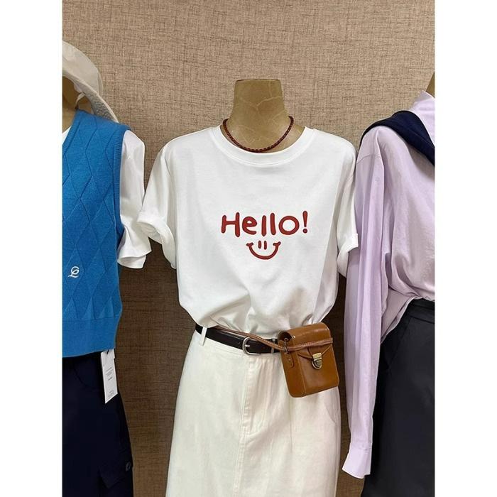 

Pure cotton women s clothing 2025 spring letter printing short-sleeved T-shirt loose casual versatile basic top tide XXXL [175-100kg]