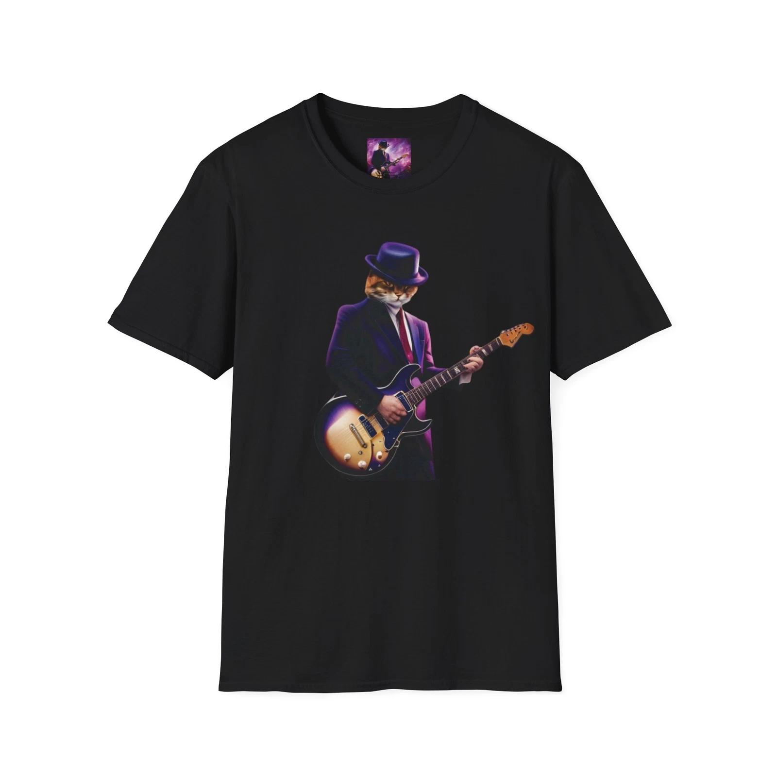 Cool Cat Playing Guitar Graphic T-Shirt Music Lover Tee Men/Women S