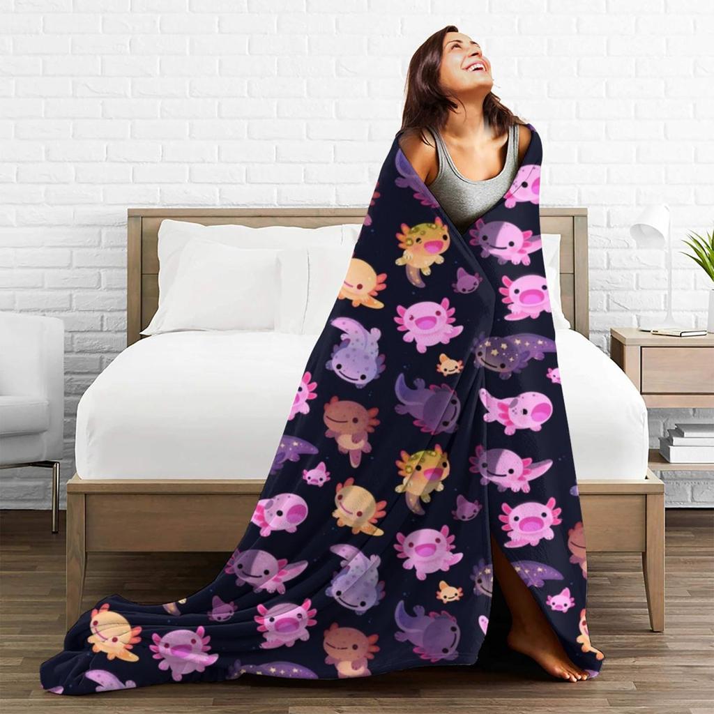 Kawaii Happy Axolotl Blanket Flannel Cute Cartoon Salamander Lightweight Throw Blanket for Car Sofa Couch Bedroom Quilt