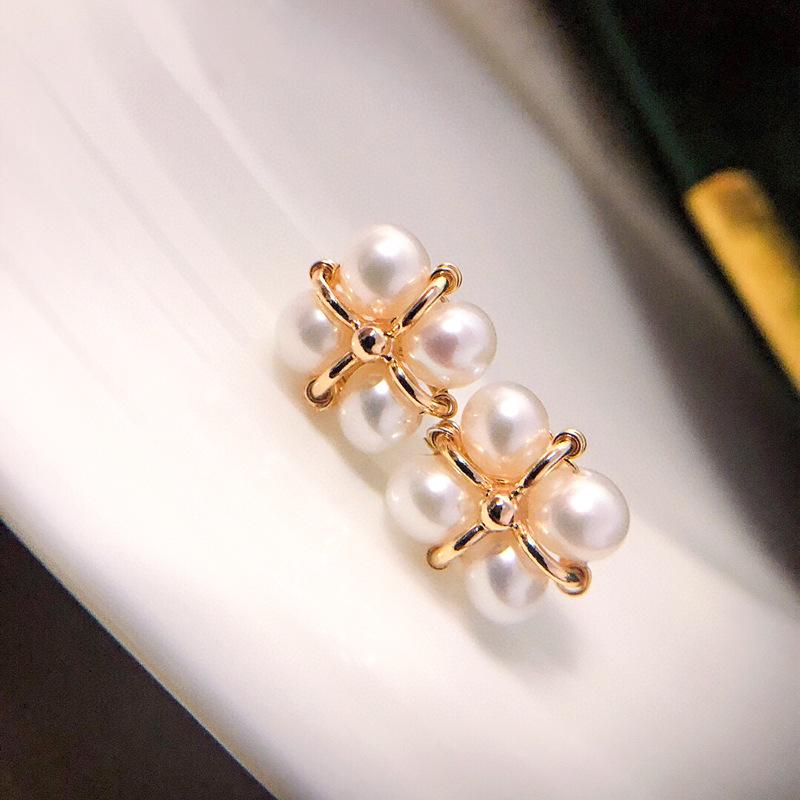 French natural freshwater pearl earrings ins niche design sense 11k gold injection woven four-leaf clover stud earrings commuter women