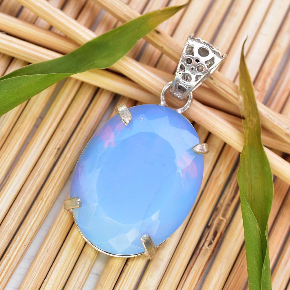 Lab-Created Blue Opal Pendant 57 ct Oval Cut 925 Sterling Silver Gem October Birthday Birthstone