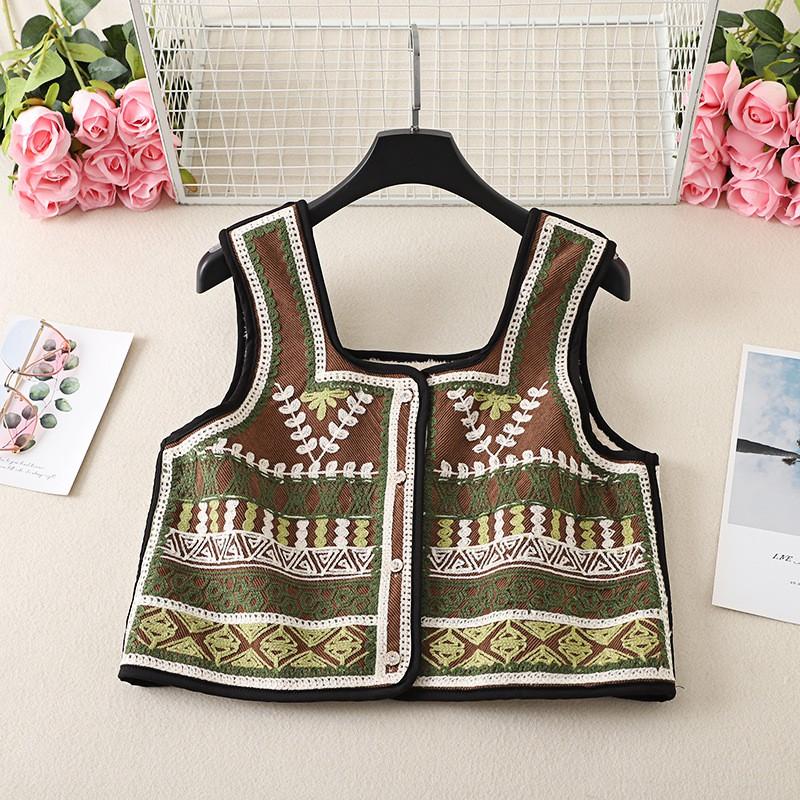 Womens Corduroy Vest With Embroidered Floral Warm Fleece Lined Short Sleeveless Outdoor Camping Waistcoat