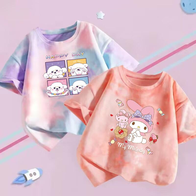 Girls Summer Short Sleeve T Shirt Tie Dye Cartoon Print Stylish Casual Top