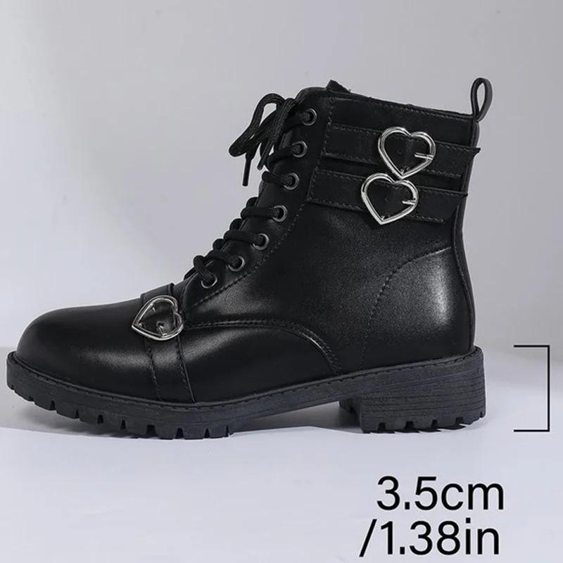Fashion Women's Boots Metal Heart Buckle Ankle Boots for Woman Autumn Winter Lace Up Platform Short Boots Women Black Shoes Botas Mujer