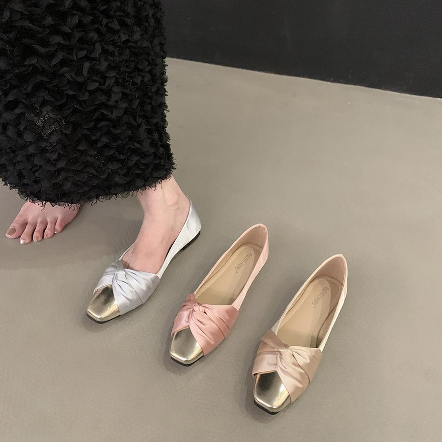 Fashion Elegant Silk Bowknot Flats Woman Gold Pointed Toe Ballets Office Ladies Dress Slip On Loafers Shallow Bridesmaide Wedding Shoes
