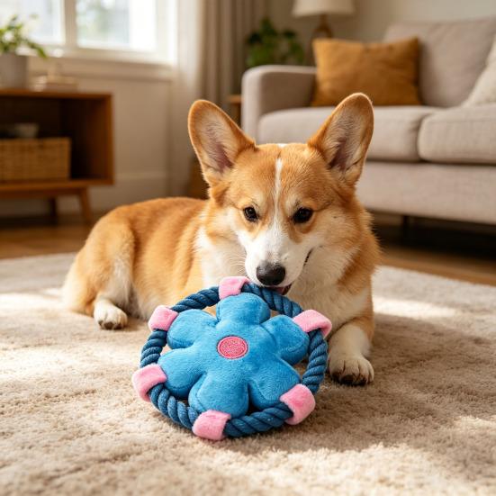 Plush Dog Flying Disc Squeaky Flower Dog Chew Toy with Rope Circle Interactive Fetch Toy for Large Small Dogs