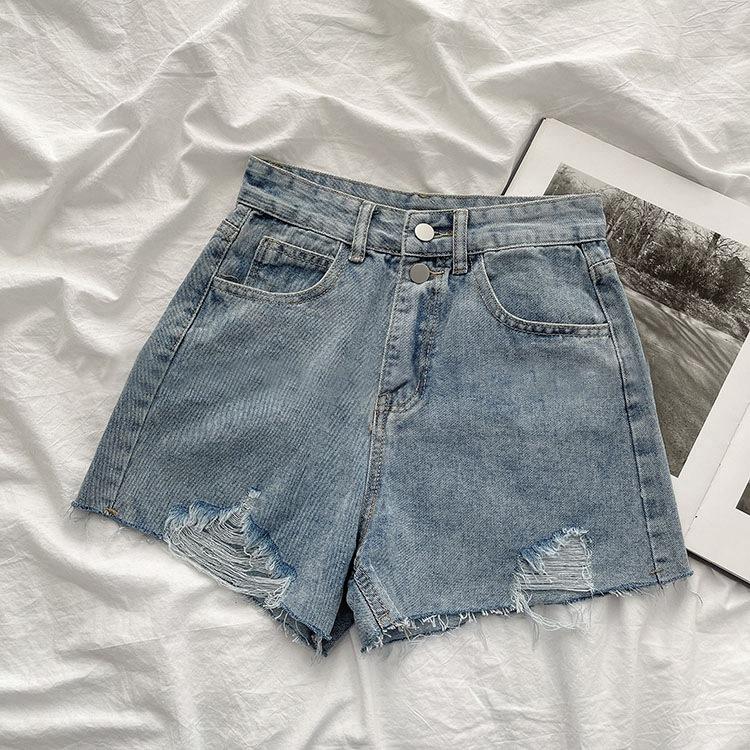 Klassische und minimalistische Mode Vielseitige High-Waist Destroyed Löcher Damen Sommer Locker Dünn Weitbeinige Son Denim Shorts Individualität Trendigkeit