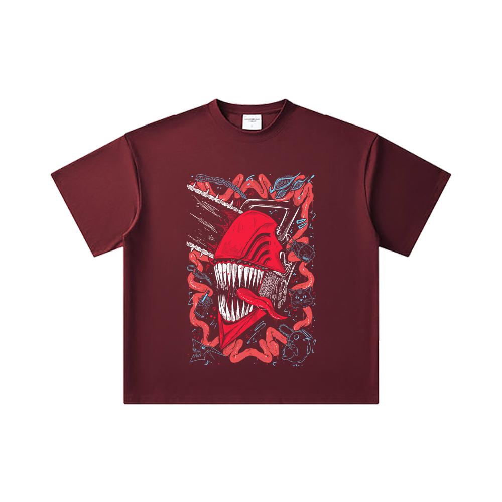 

260 GSM Double Yarn 32 Count 100% Cotton Chainsaw Man V29 Denji Print Unisex Heavy Cotton T Shirt 2XL вина червоного кольору
