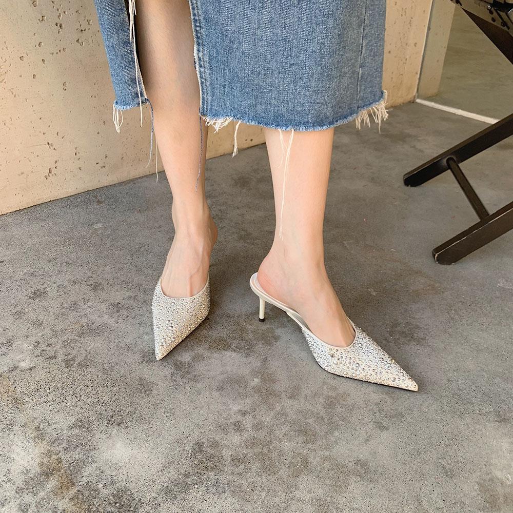 fashion Pointed Toe Women Sandals Slippers Black Pink White Shining Dress Shoes Thin High Heels 2024 New Arrivals Party Pumps Sexy Slide