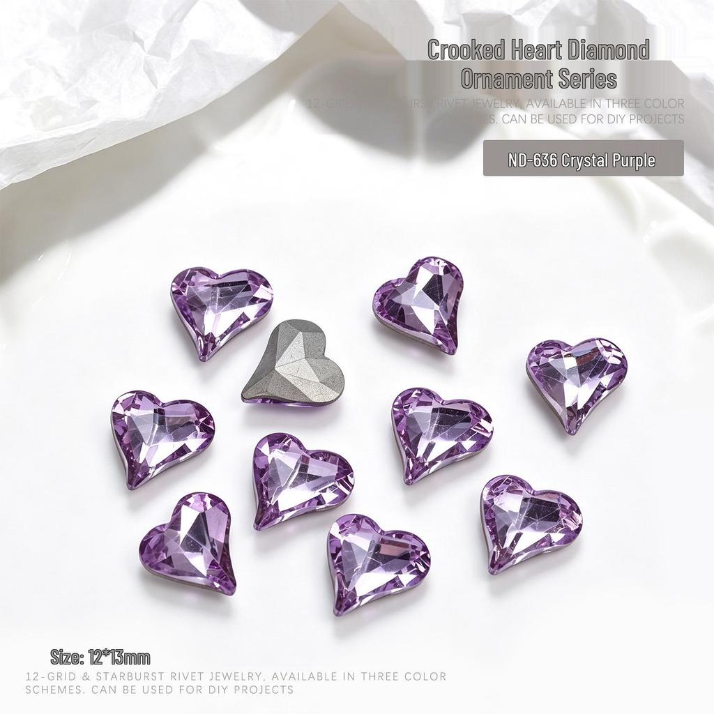 "10-Piece Heart-Shaped Nail Art Accessories with Pointed Bottom Transparent and Colorful Diamonds"