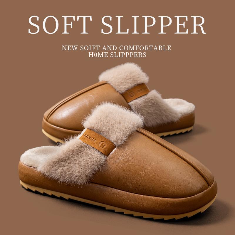 Waterproof cotton slippers autumn and winter 2025 new home warm thick bottom PU leather surface antibacterial cotton slippers