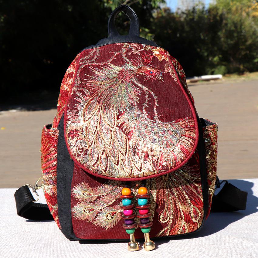 Ethnic Embroidered Women's Backpack with Sequins and Phoenix Peony Design