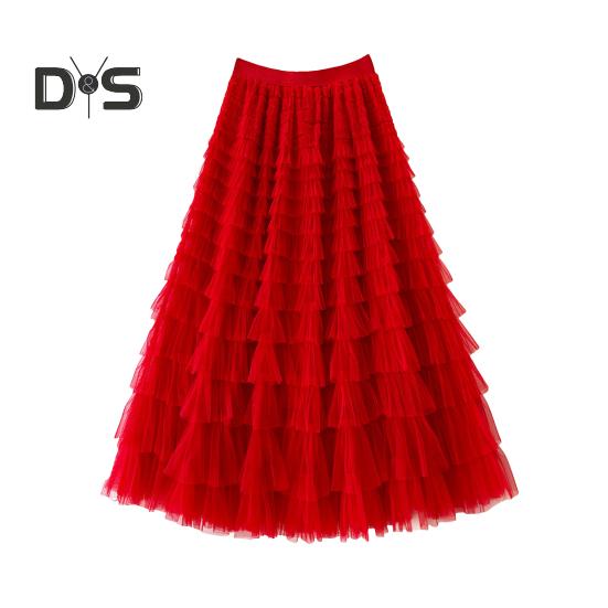 Dámská dortová sukně Jednobarevná sukně středního pasu Dlouhá sukně s elastickým pasem Síťovaný lem A-linii Maxi sukně pro každodenní nošení