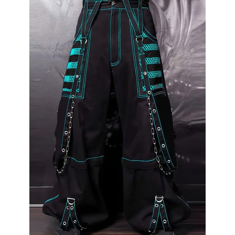 Punk Dark Street Style Wide Leg Pants Women Sheer Mesh Patchwork Loose Trousers