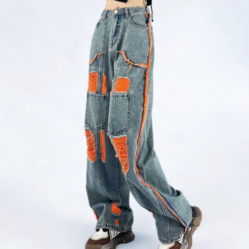 Women's Summer New Arrival Contrast Color Distressed Straight-Leg Loose Casual Jeans - Flattering Slimming Streetwear Versatile Denim Pants