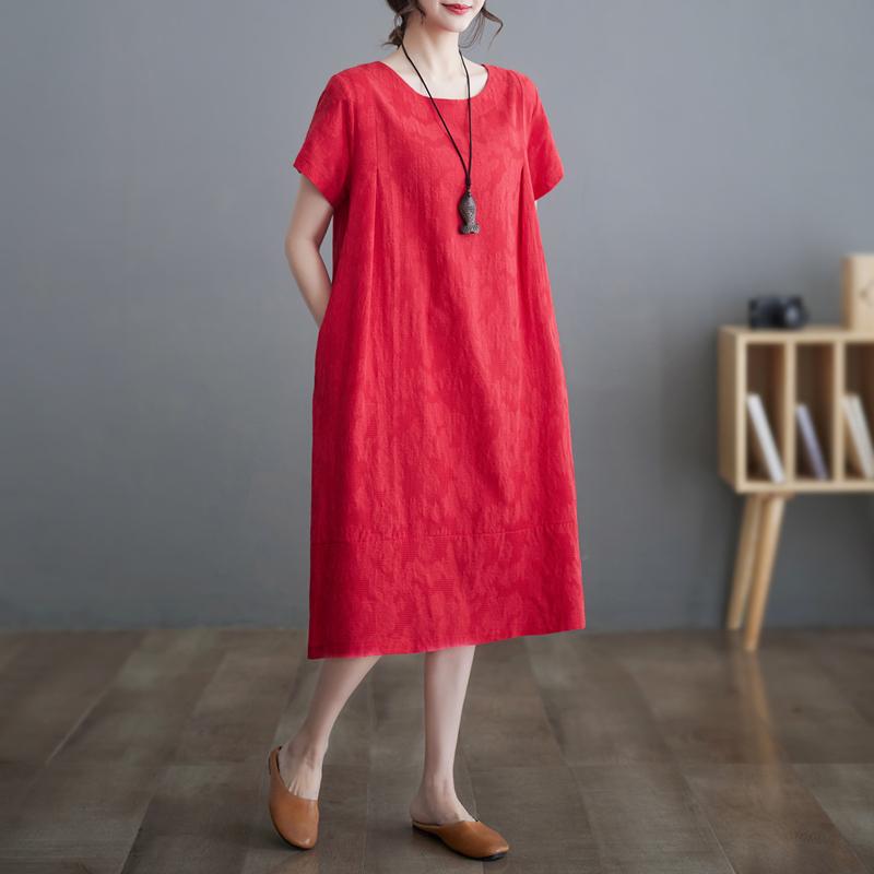 

DIMANAF 2024 летнее платье больших размеров женское свободное платье винтажное однотонное повседневное жаккардовое кружевное платье с коротким рукавом 2XL красный