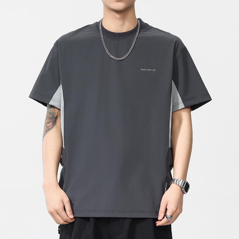 New Summer Design Side Pocket T-shirt Ice Silk Cool Men's Round Neck T-shirt Short Sleeves