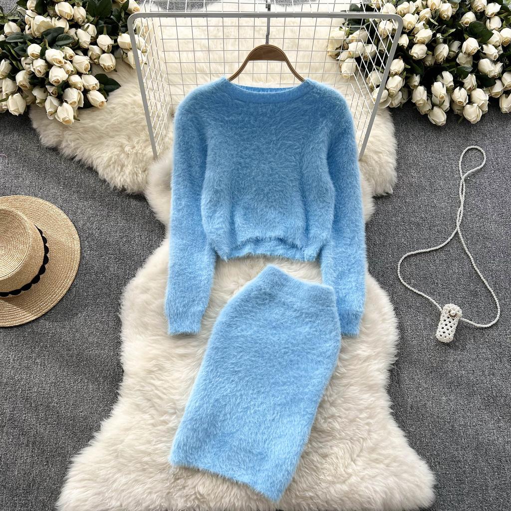 Autumn And Winter Plush Waist Short Section Knitted Sweater Plus High-Waisted Half-Body Skirt Temperament Two-Piece Suit Woman