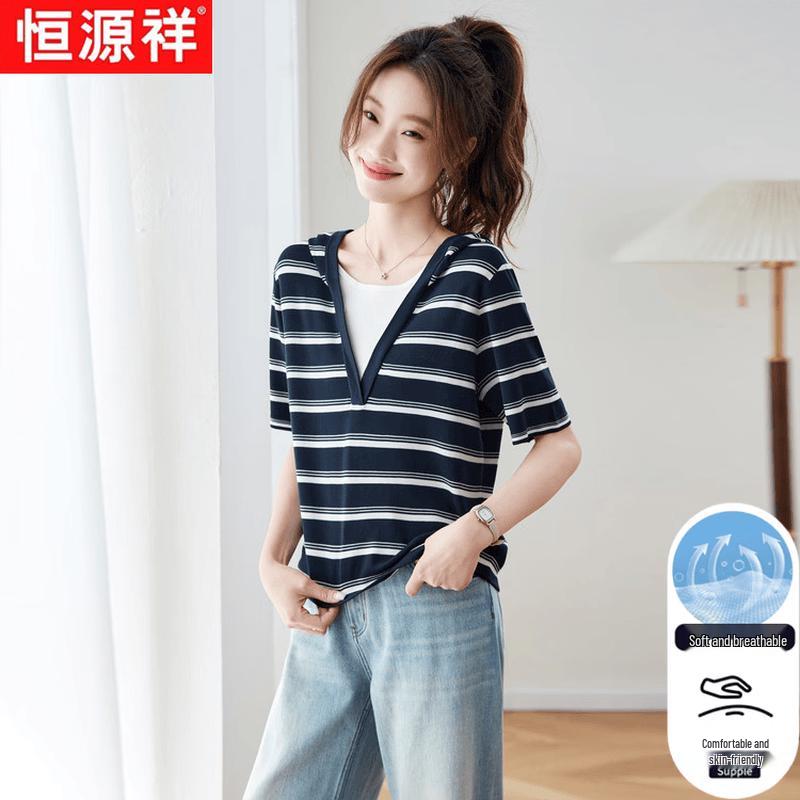 Hengyuanxiang Women s Striped V-neck Faux Two-Piece T-shirt M