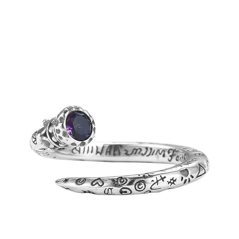 Adjustable Open Ring Women Men Vintage Geometric Boho Finger With Purple Crystal Wand Design Adjustable Open Band