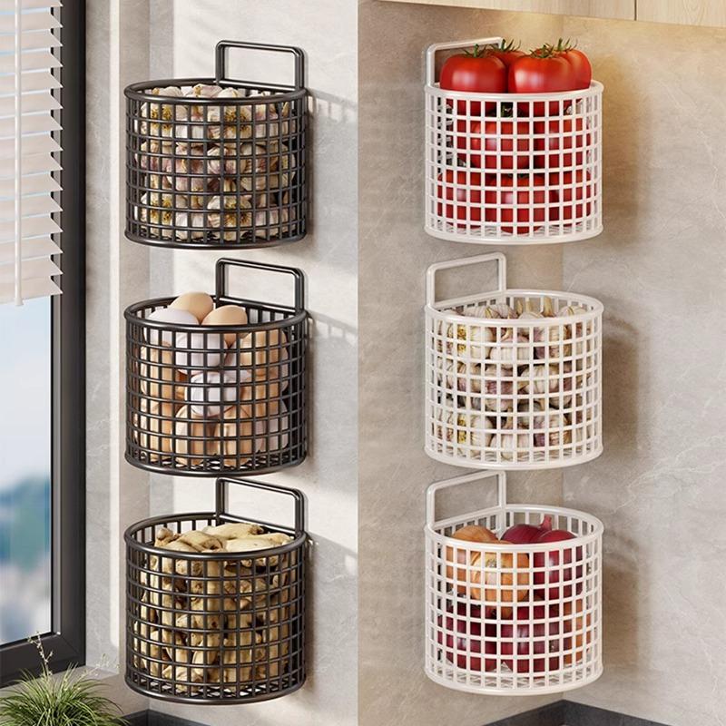 1/2/3 Grid Wall Mounted Kitchen Shelf Organizer Metal Rack Pantry Storage Garlic Ginger Hanging Wire Basket Holder