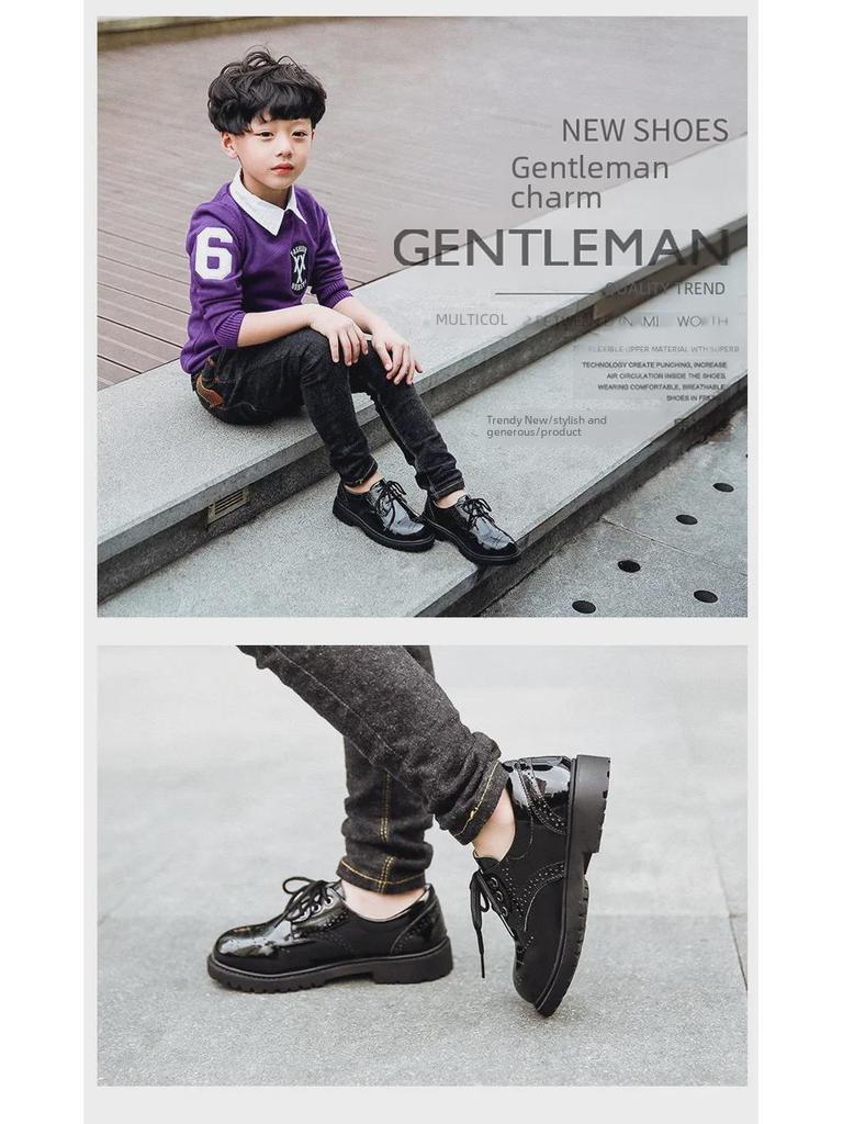 Boys' Black Leather School Shoes - Soft Sole, Floral Design, Korean Style