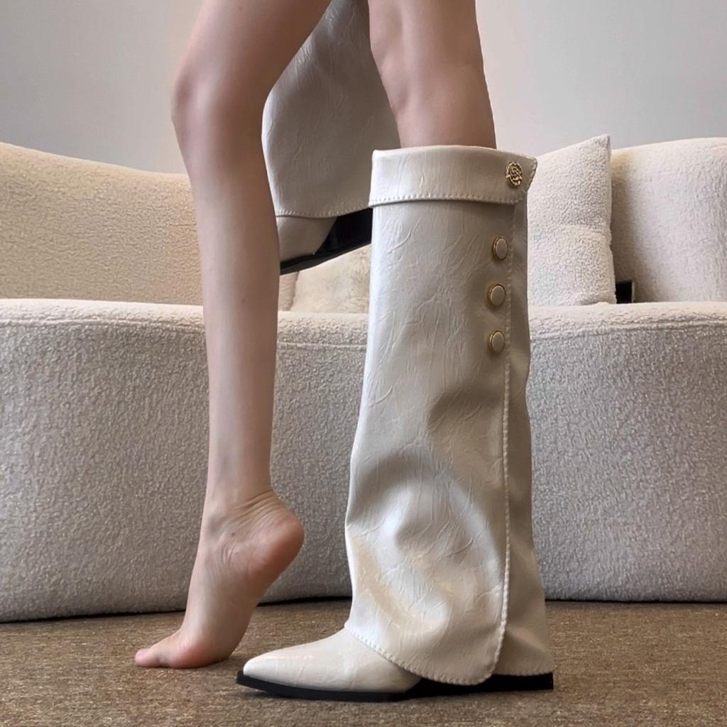 Verze z ovčí kůže ~ malé voňavé boty na klínku s špičatou špičkou dámské boty 2025 retro kozačky po kolena jezdecké boty