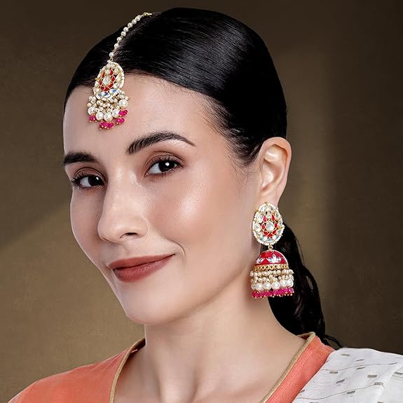 Traditional Gold Plated Jhumki Earrings with Maang Tikka Jewellery Set for Women Girls