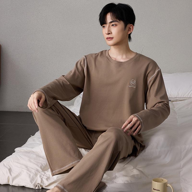 Men's 100% Pure Cotton Pajamas - Long Sleeve & Pants, Solid Color, Loose Fit, Two-Piece Set for Spring & Autumn Homewear.