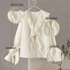 Casual Ruffled Shirt Shorts Sets Women Loose Lace Up Hollow Out V Neck Tops High Waist Wide Leg Shorts Lady Suit