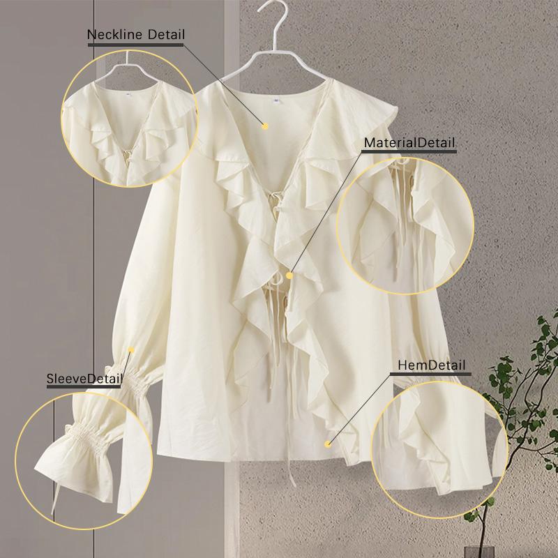 Casual Ruffled Shirt Shorts Sets Women Loose Lace Up Hollow Out V Neck Tops High Waist Wide Leg Shorts Lady Suit