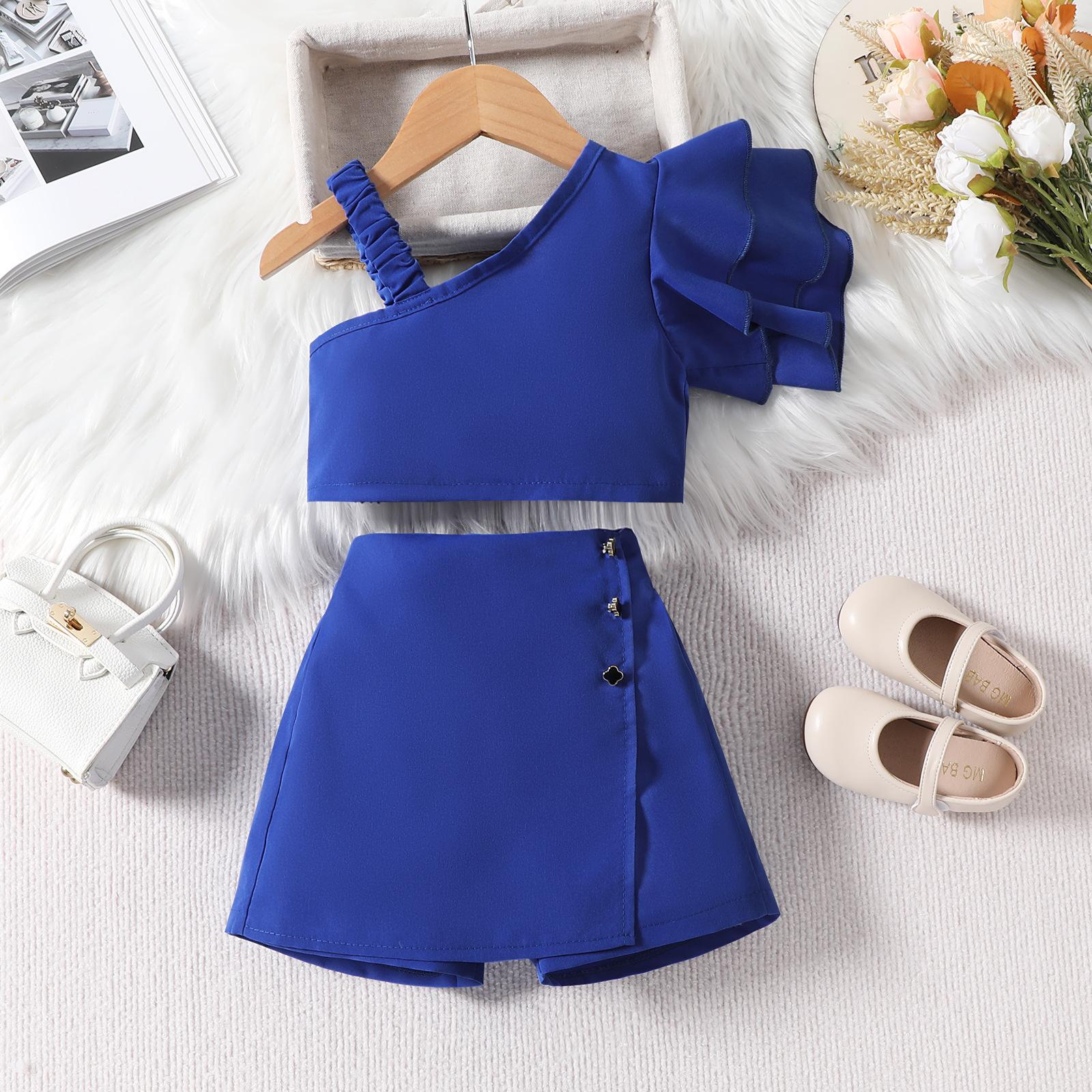 

Літні костюми-сорочки для дівчаток Однотонний дитячий одяг Косі бретельки Односторонній мереживний топ + кюлоти Комплект з 2 предметів 2T синій