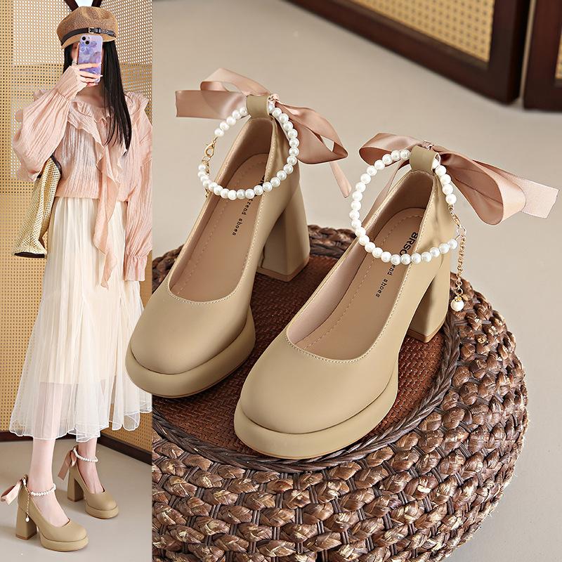 

Туфли Мэри Джейн женские весенние новые с бантом и жемчугом ремешок на подъеме высокий каблук толстый каблук одинарные туфли 40