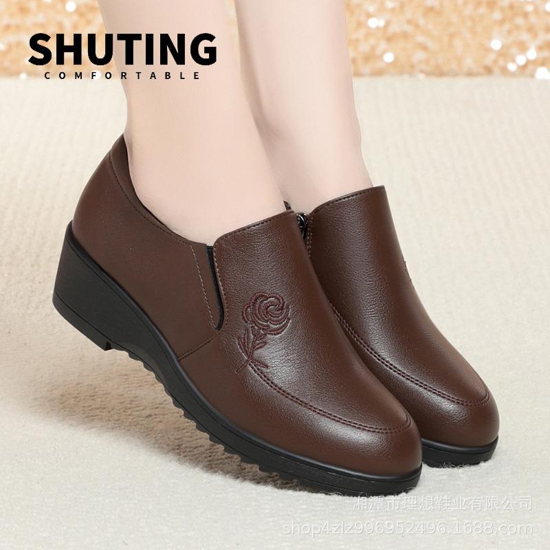 Fashion 2024 Fashion Simple Women Soft Leather Loafers Casual Round Toe Soft Comfortable Soft Bottom No-slip Black Zip Single Shoes