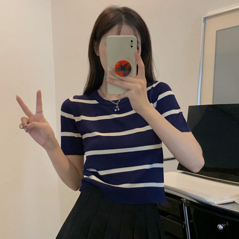 

Женский ледяной шелк с круглым вырезом, универсальный пуловер в стиле ретро с коротким рукавом, вязаный короткий One Size