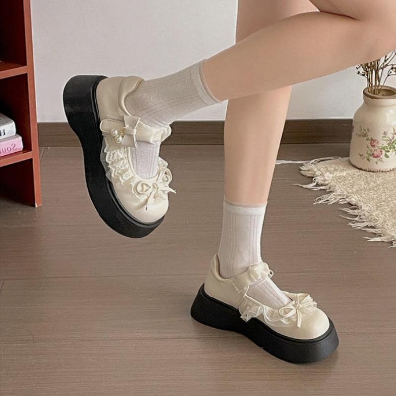 Britischer Stil Vintage Damen Mary Jane Schuhe Schlichter Schmetterlingsknoten Einzelne Schuhe Damen Höhensteigerung Kleid Leder Pumps