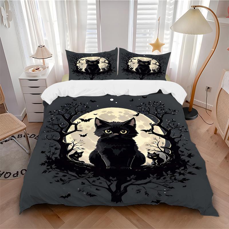 3pcs Moon and Black Cat Creative Design Printed Quilt Set - Soft and Comfortable Quilt Cover for Bedroom, Guest Room and Dormitory Decorativ
