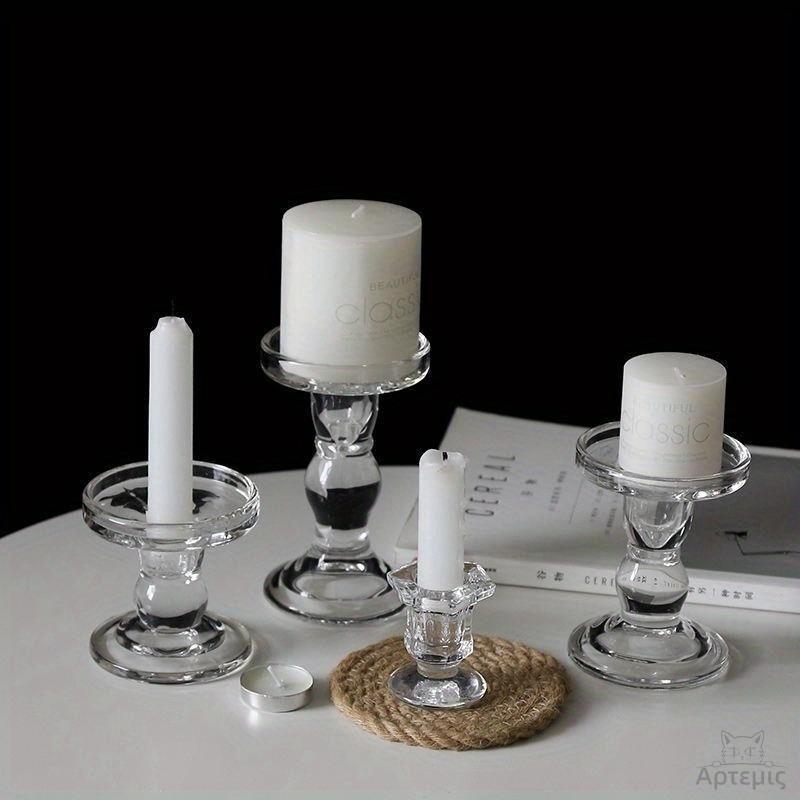 6pc French Roman Pillar Glass Candle Holders Elegant Tabletop Decor for Home Kitchen Dining Living Room Candle Holder Decoration